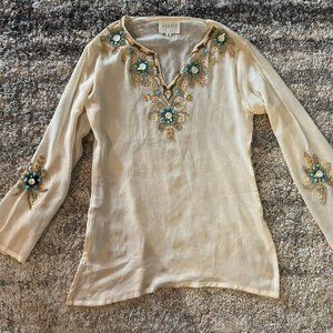 Cream BOHO Beaded Tunic Shirt Top Womans sz Small